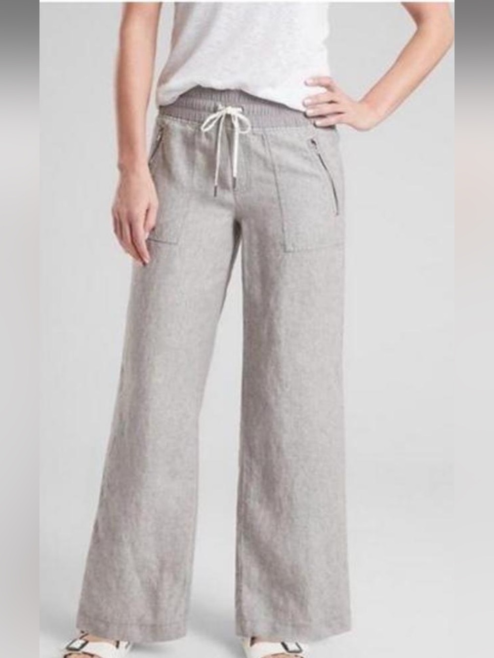 Athleta Cabo Linen Light Gray/Taupe Wide-Leg Drawstring Pants Size 16T